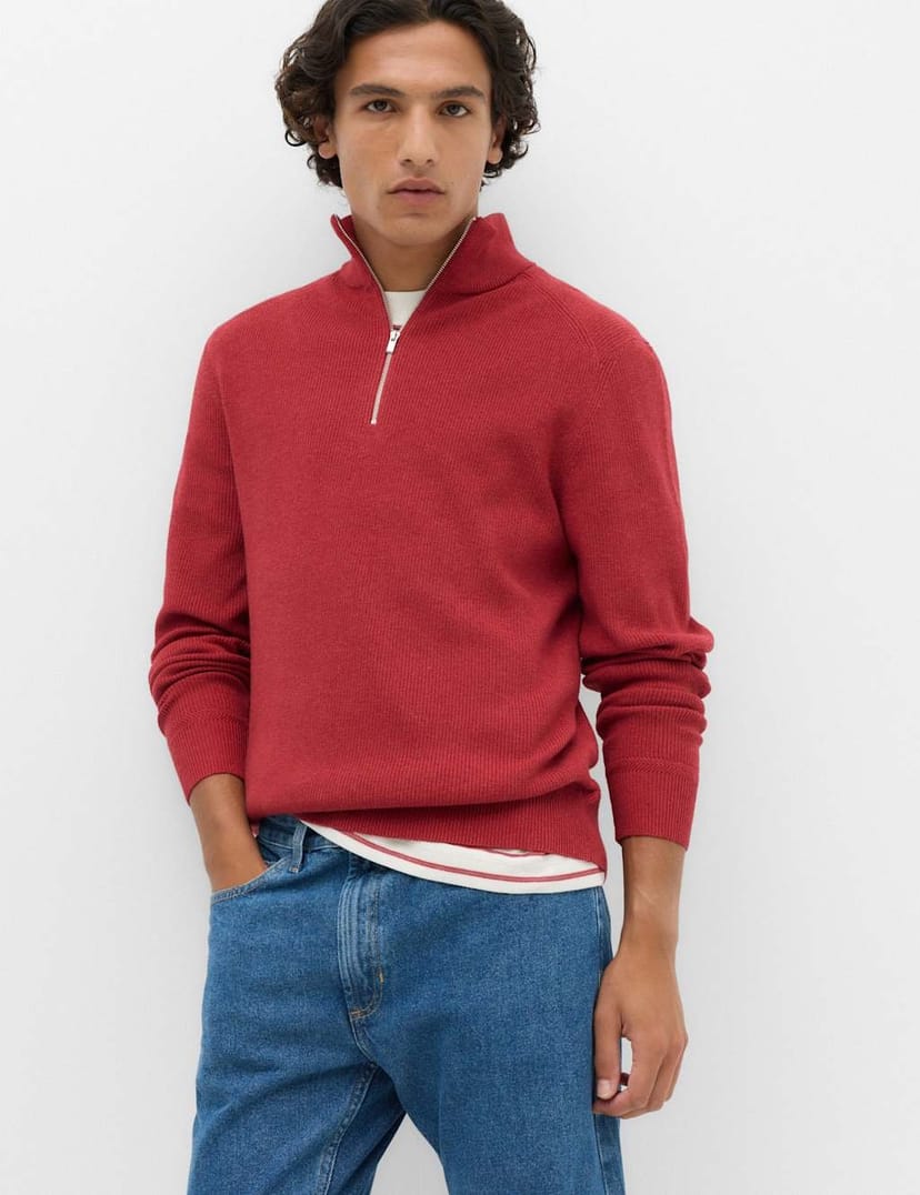 Marks & Spencer M&S Cotton Blend Ribbed Half Zip Jumper Medium Red - 1
