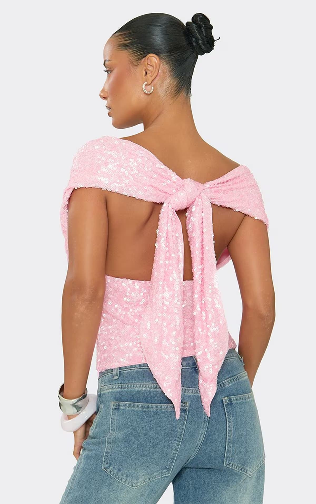 EGO Off The Shoulder Plunge Front Tie Back Top In Pink Sequin, Women's Size UK 6