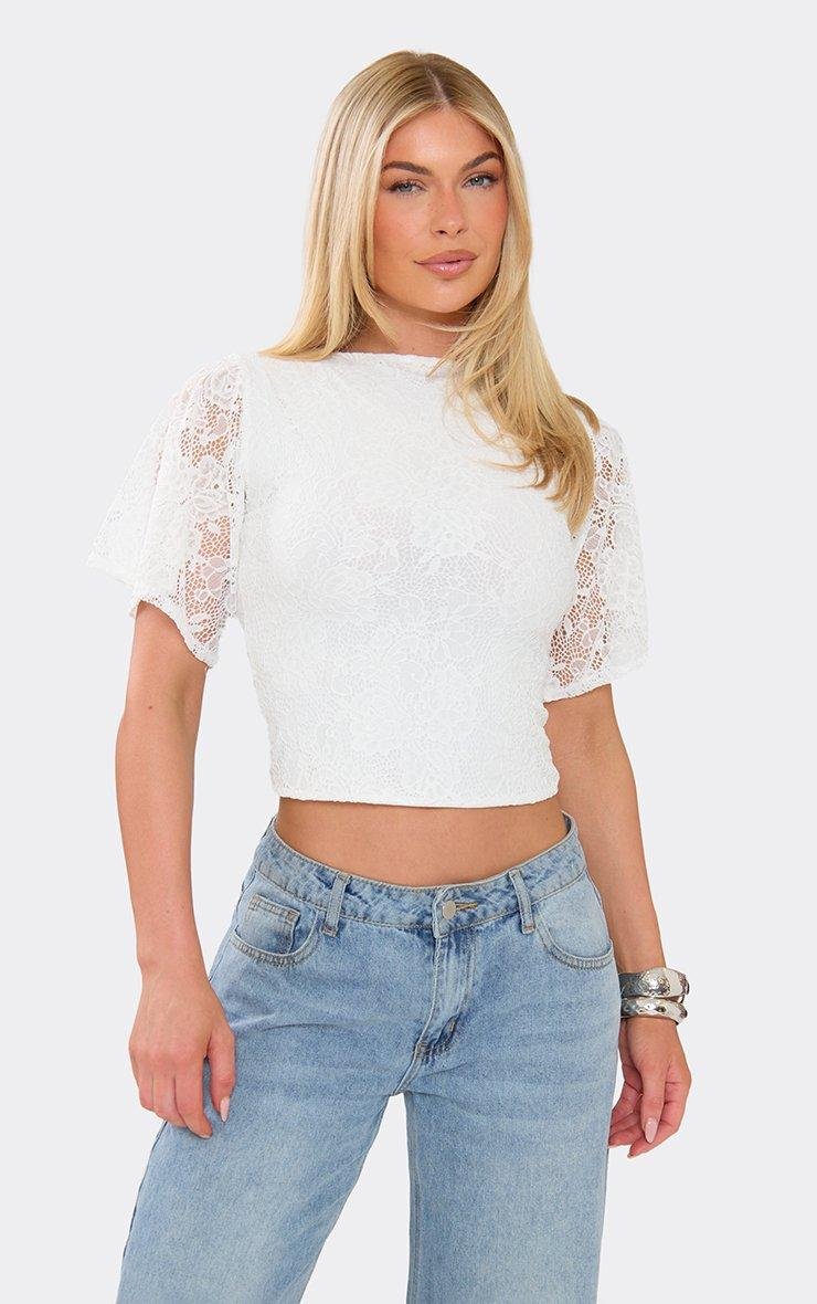 EGO Short Sleeve Top In White Lace, Women's Size UK 6 - 2