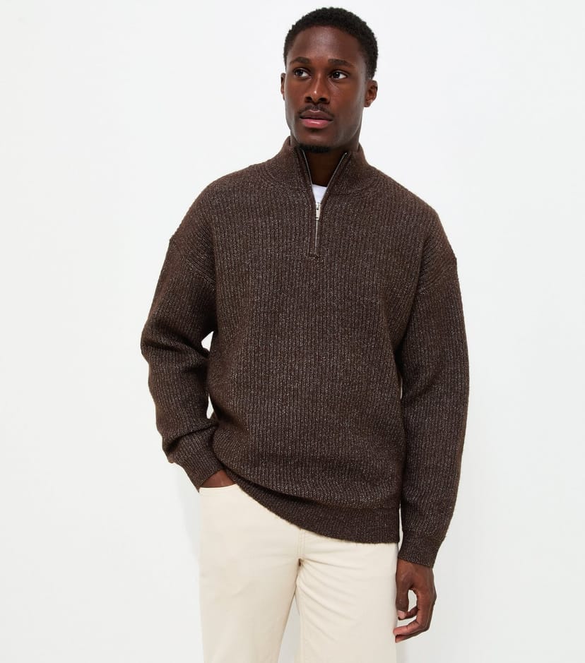 New Look Men's Dark Brown Regular Fit Ribbed Knit Quarter Zip Funnel Neck Jumper New Look - 1