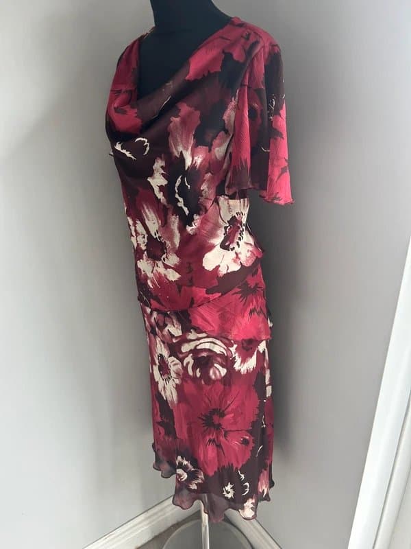 Marks & Spencer M&S red mix floral chiffon midi dress 12 (ref v72) cruise wedding