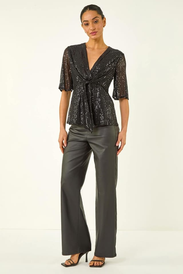Dusk Dusk Women's Sequin Tie Front V-Neck Top in Black - 2