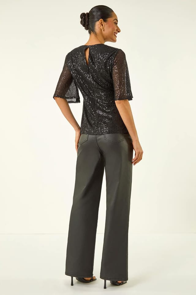 Dusk Dusk Women's Sequin Tie Front V-Neck Top in Black - 3