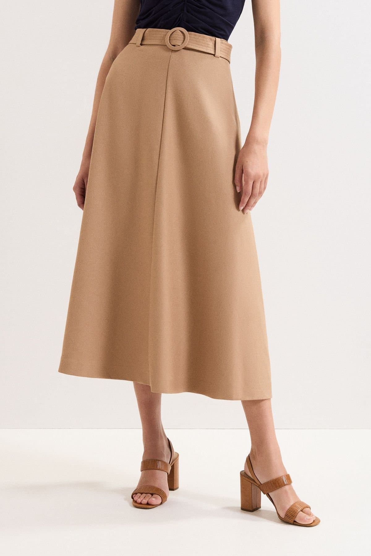 Phase Eight Phase Eight Women's Wool Blend Belted Midi Skirt in Light Tan