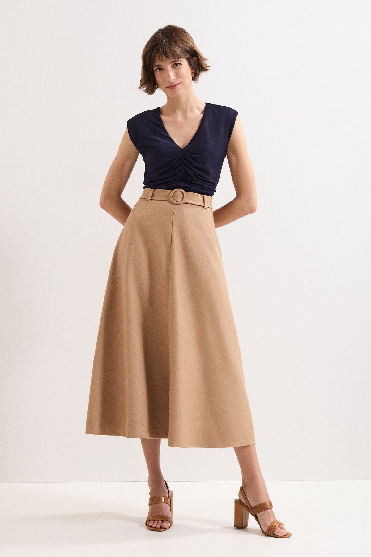 Phase Eight Phase Eight Women's Wool Blend Belted Midi Skirt in Light Tan - 3