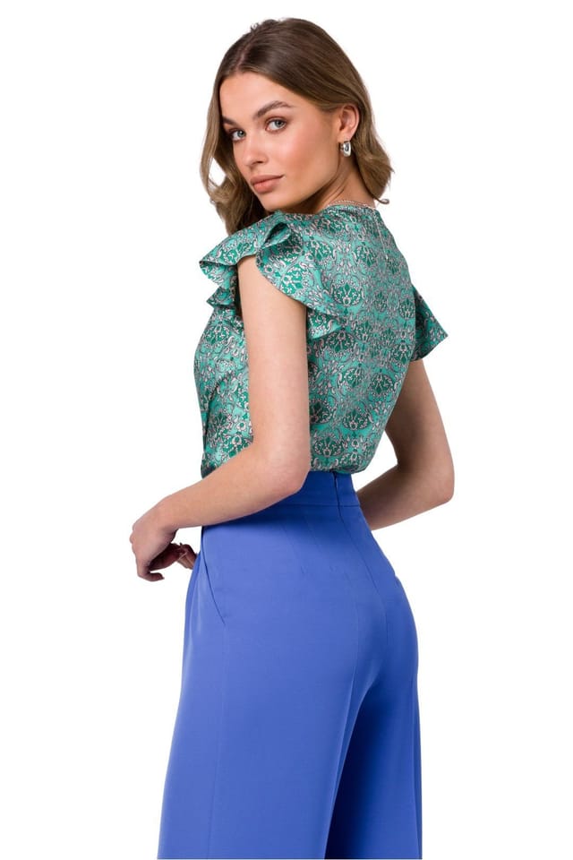 Love Lace Love Lace Women's Printed Satin V Neck Ruffle Sleeve Blouse in Green - 3