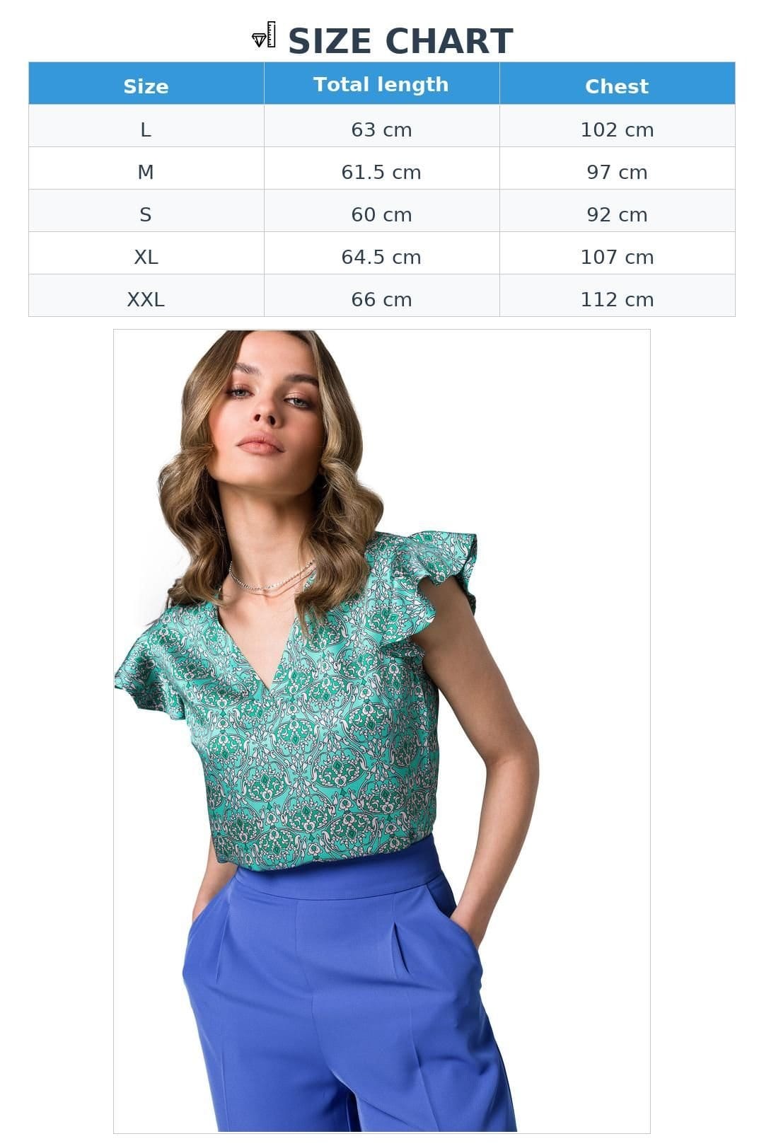Love Lace Love Lace Women's Printed Satin V Neck Ruffle Sleeve Blouse in Green - 4