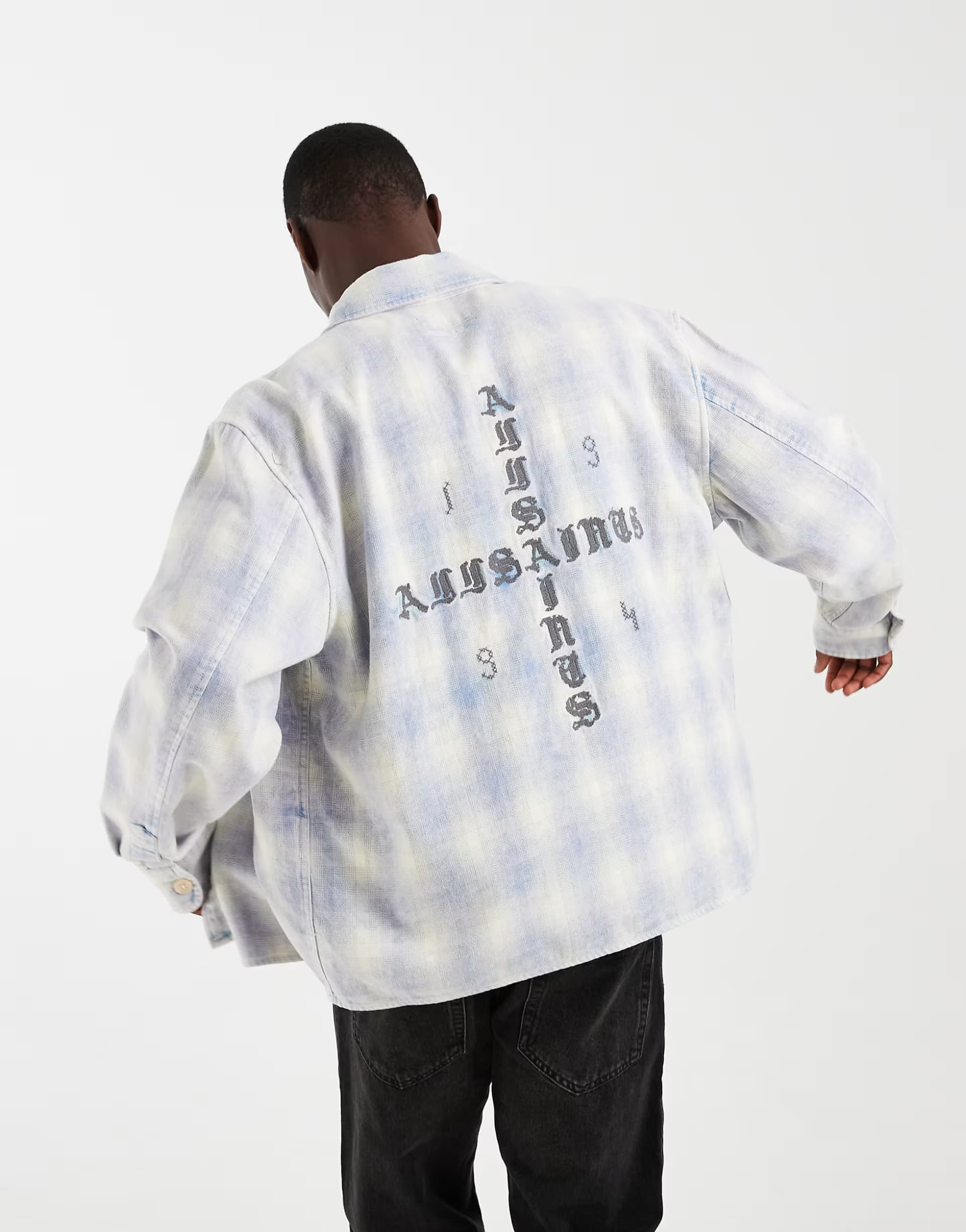 ASOS AllSaints Santos long sleeve check shirt with back embroidery in blue and white