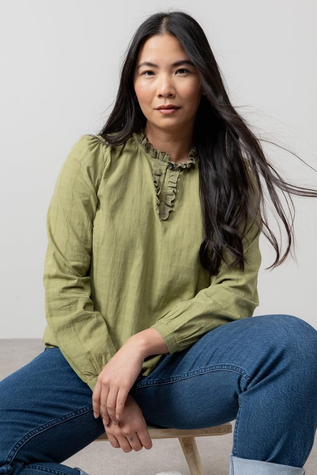 Lily & Me Lily & Me Women's Emily Long Sleeve Cotton Check Blouse with Scalloped Neckline in Green - 2