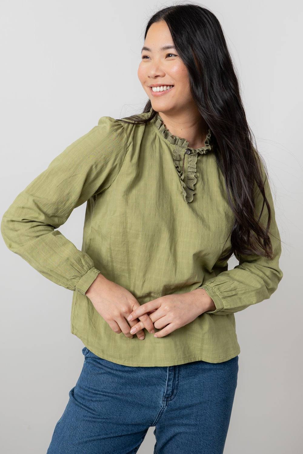 Lily & Me Lily & Me Women's Emily Long Sleeve Cotton Check Blouse with Scalloped Neckline in Green - 3
