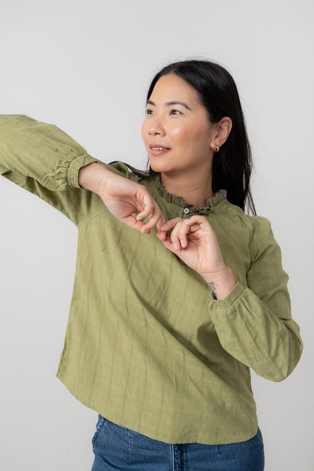 Lily & Me Lily & Me Women's Emily Long Sleeve Cotton Check Blouse with Scalloped Neckline in Green - 3