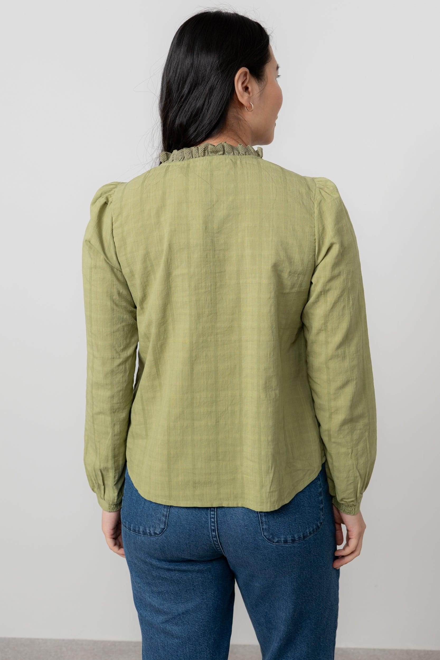 Lily & Me Lily & Me Women's Emily Long Sleeve Cotton Check Blouse with Scalloped Neckline in Green - 4