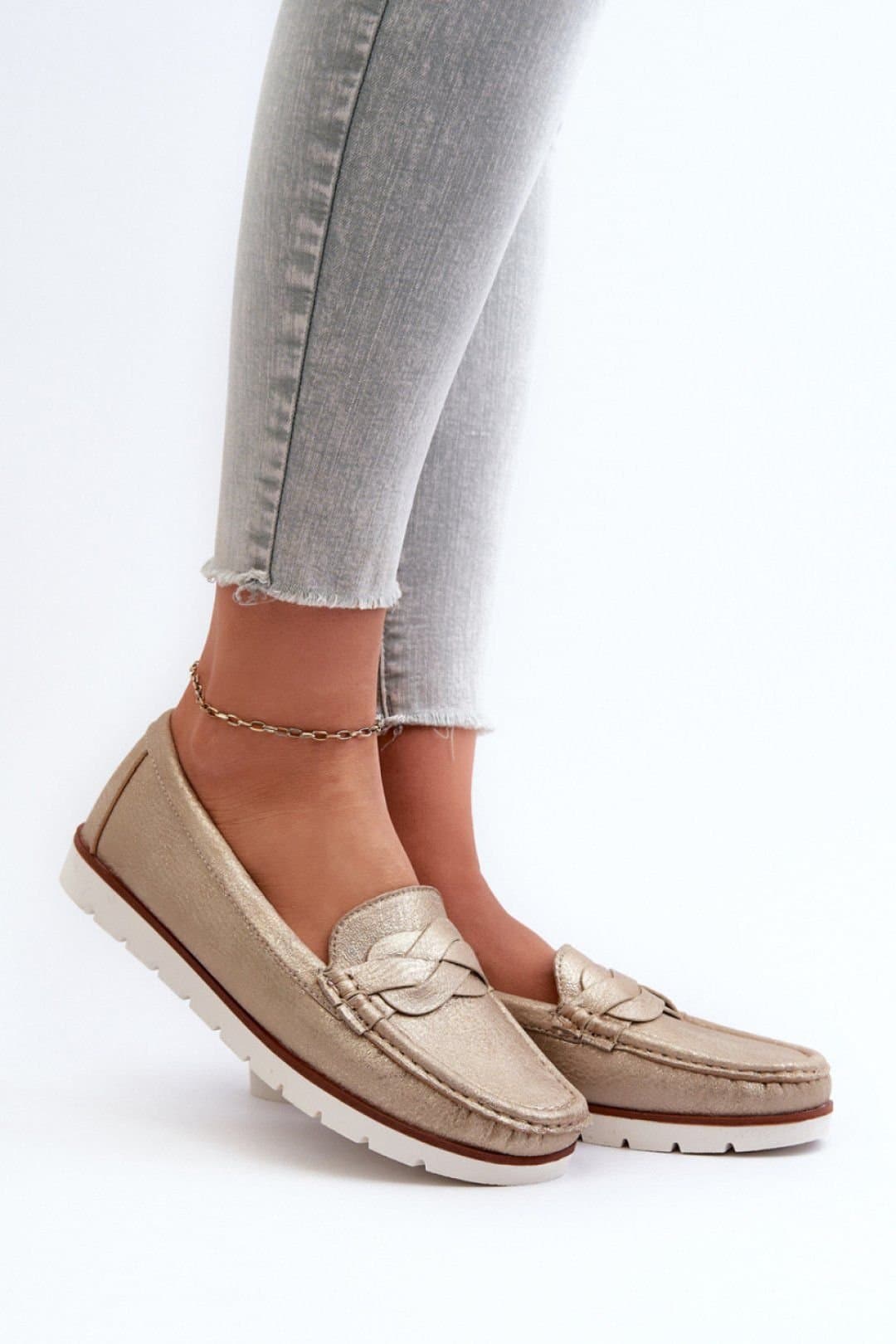 Love Lace Love Lace Women's Moccasin Slip On with Interlacing Straps & Rubber Sole in Gold
