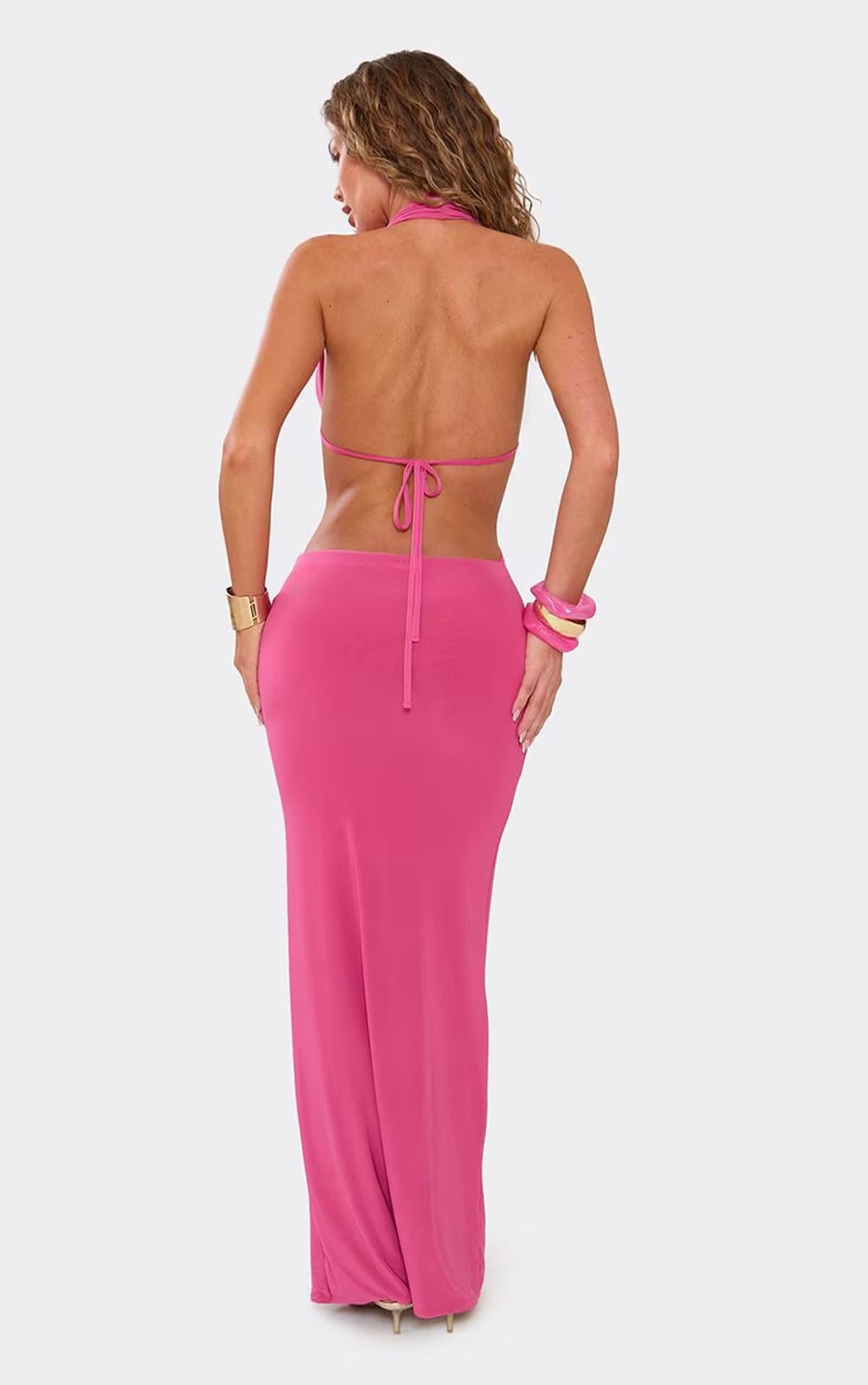 EGO Plunge Halterneck Knot Front Maxi Dress In Hot Pink, Women's Size UK 6