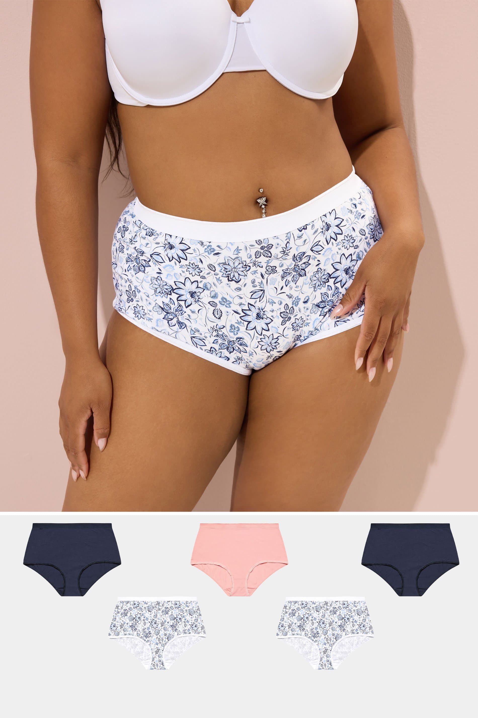 Yours 5 Pack Plus Size Navy Blue Floral Print Full Briefs