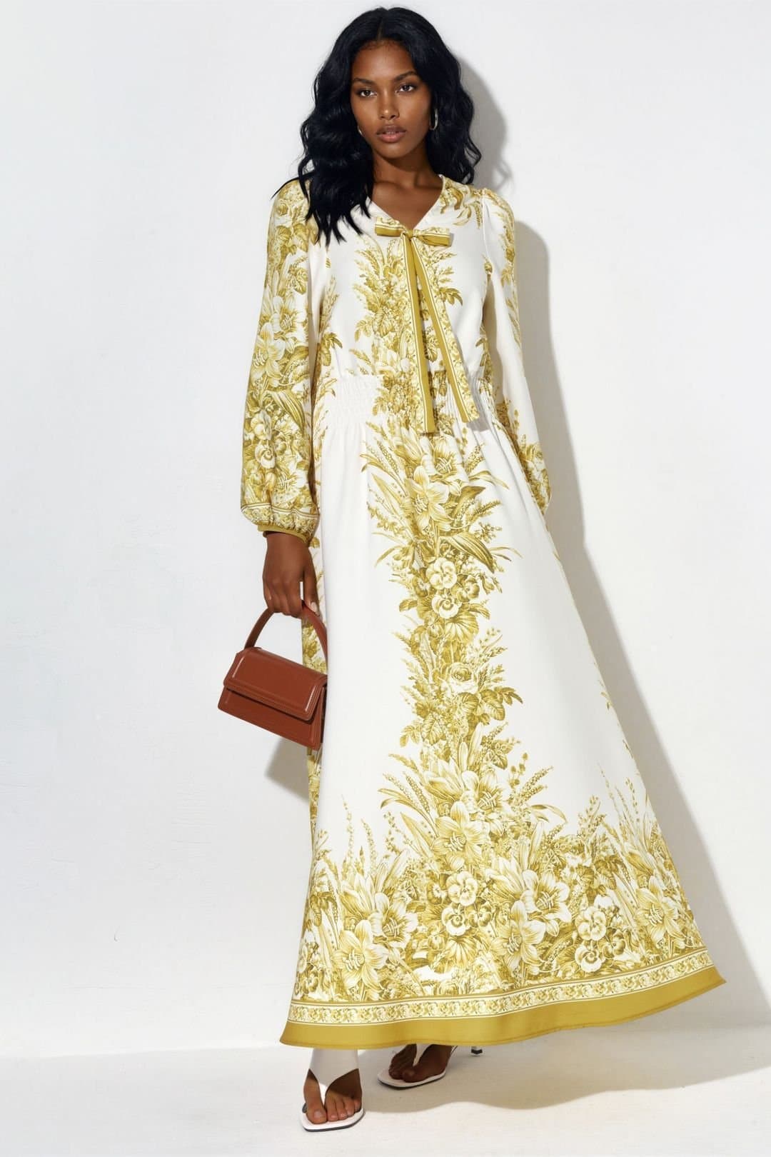 MSN Collection MSN Collection Women's Printed V-neck Maxi Dress With Tie Detail in Cream