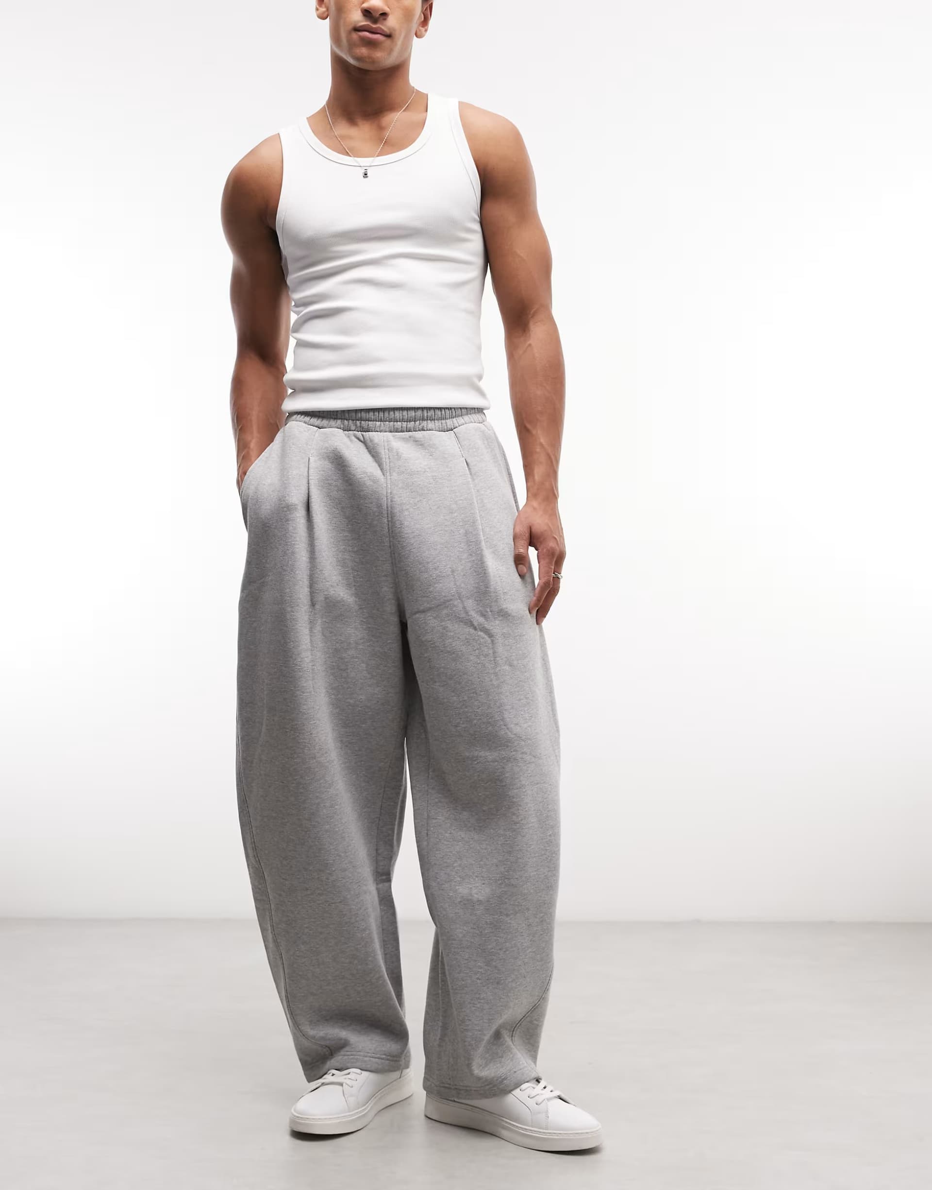 ASOS Weekday wide barrel leg pleated joggers in grey melange