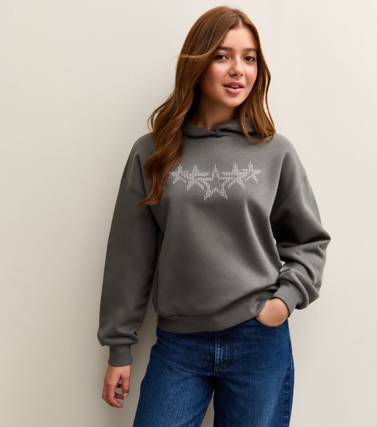 New Look Girls' Grey Diamante Star Studded Hoodie New Look