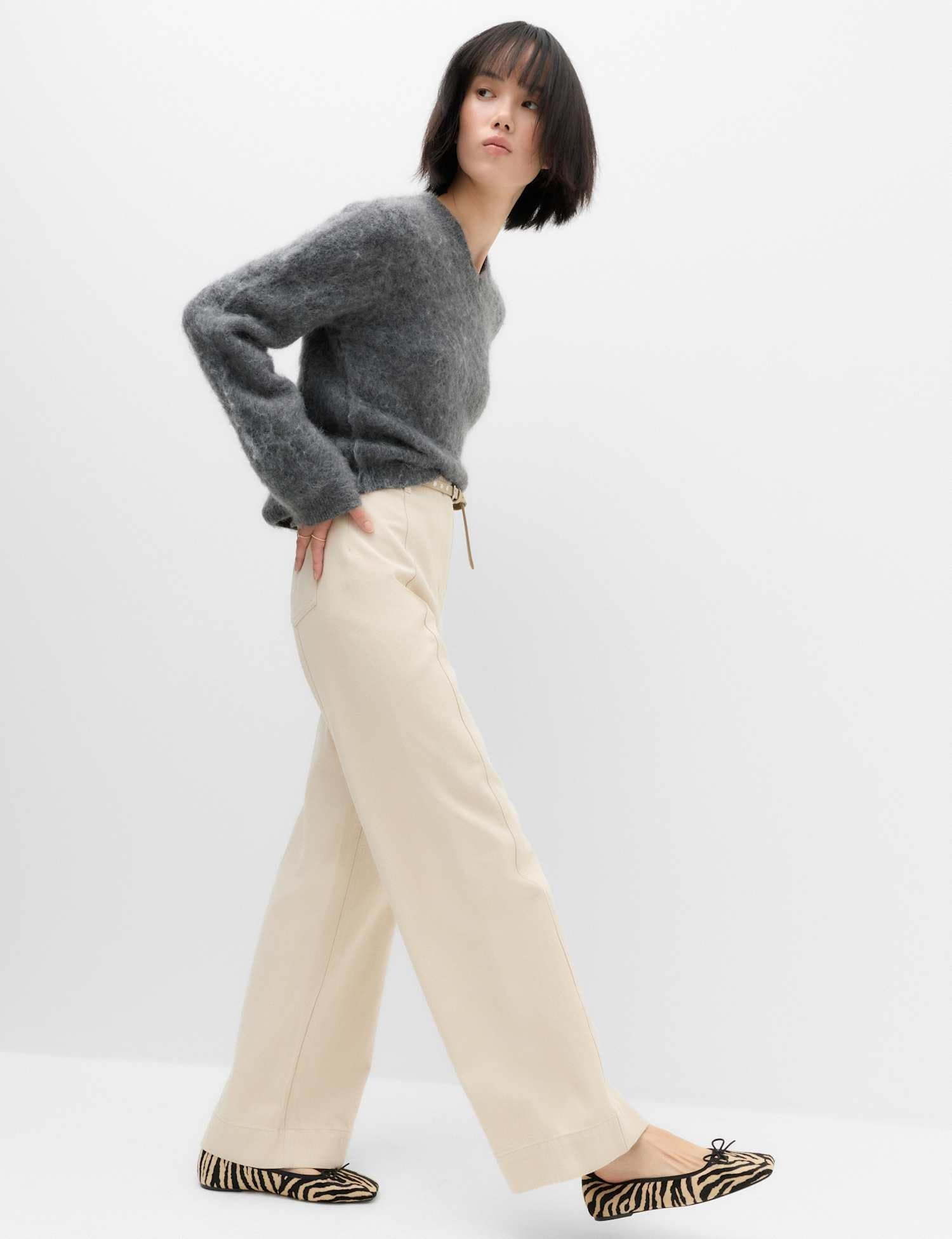 Marks & Spencer M&S Pure Cotton Wide Leg Trousers Oatmeal