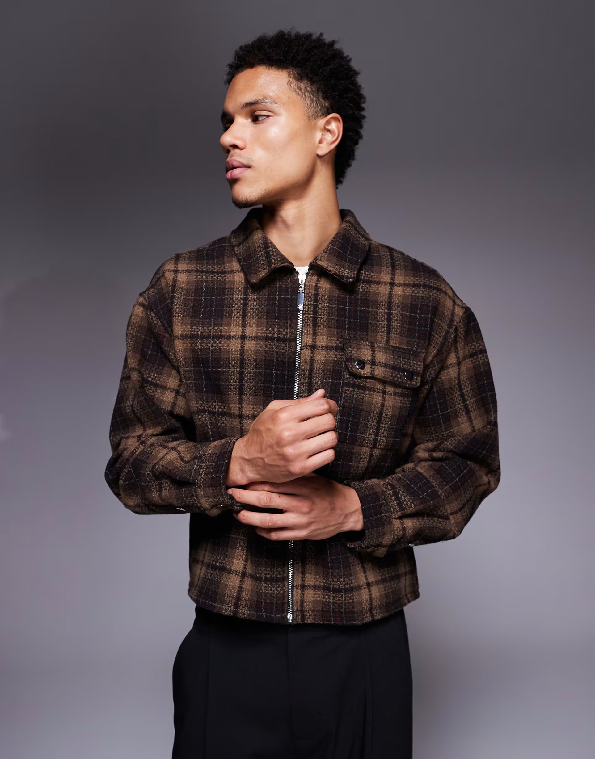 ASOS Liquor N Poker boxy zip through shirt in brown check - 1