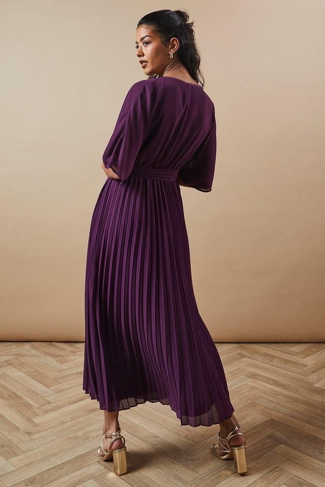 Oasis Oasis Women's Petite Occasion Kimono Sleeve Pleated Midi Dress in Plum - 3