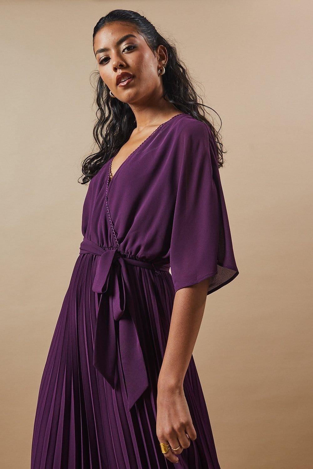 Oasis Oasis Women's Petite Occasion Kimono Sleeve Pleated Midi Dress in Plum - 4