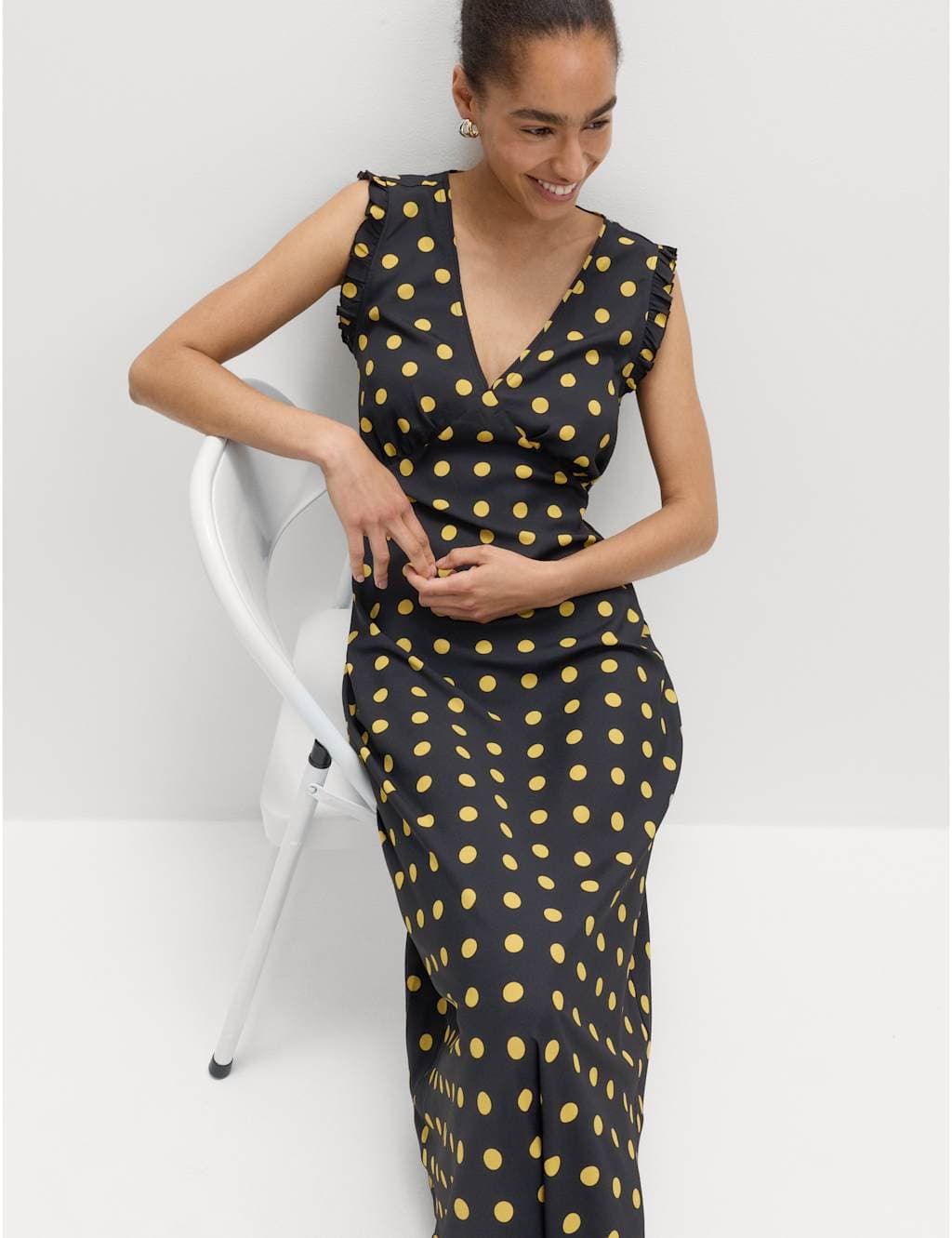 Marks & Spencer M&S V-Neck Frill Sleeve Midi Tea Dress Black Mix