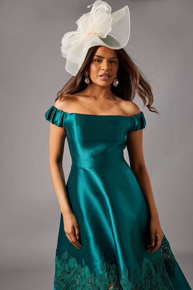 Coast Coast Women's Petite Bardot Twill Midi Dress With Lace Trim in Emerald - 2