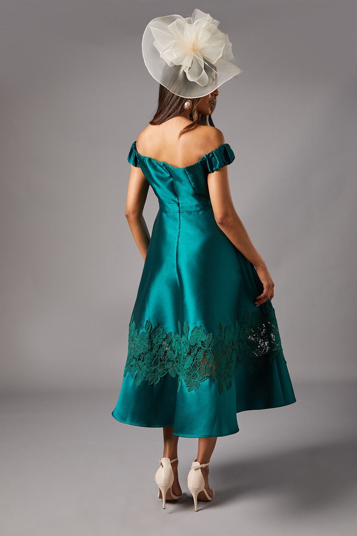 Coast Coast Women's Petite Bardot Twill Midi Dress With Lace Trim in Emerald - 4