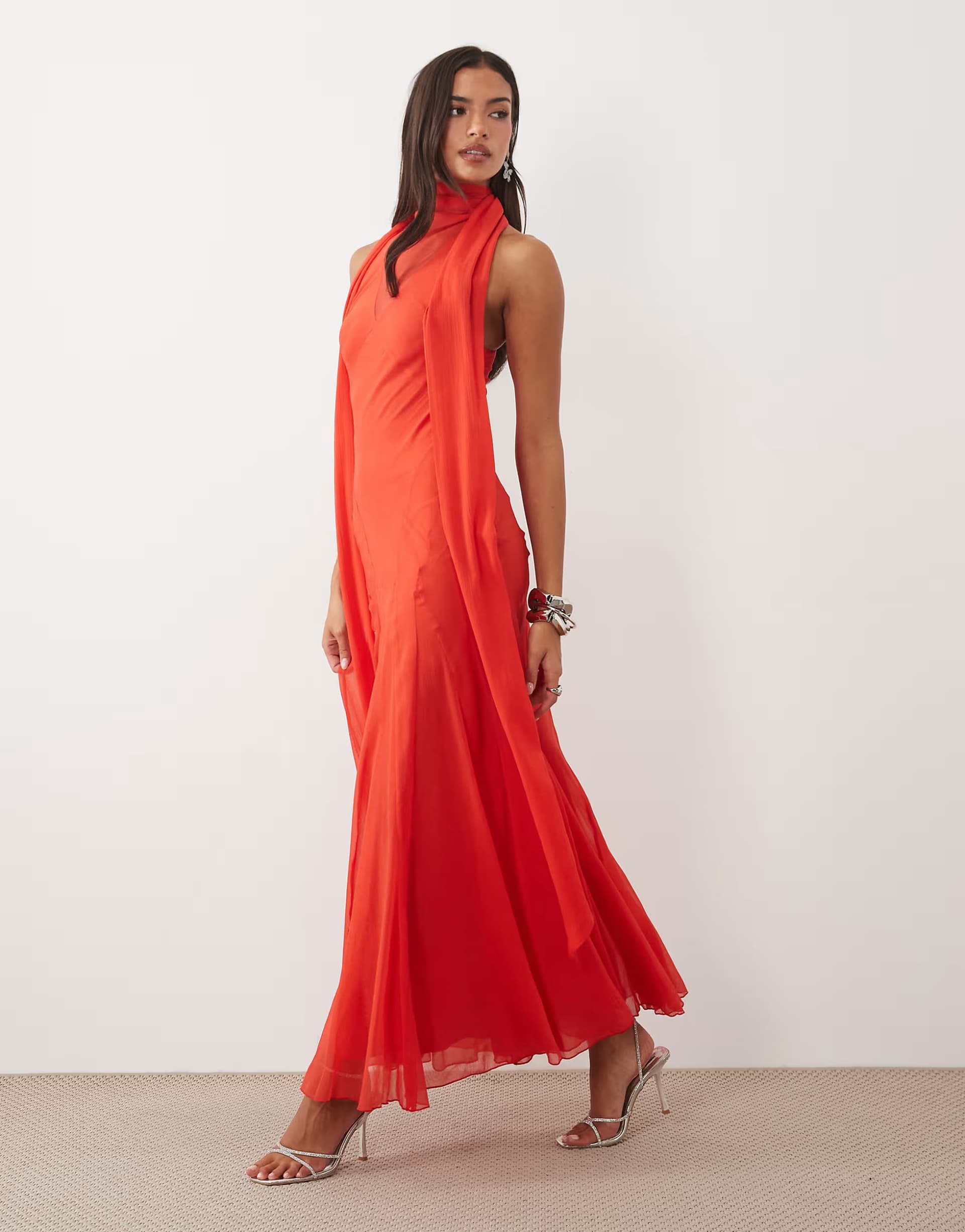 ASOS ASOS DESIGN volume halter maxi dress with scarf in red