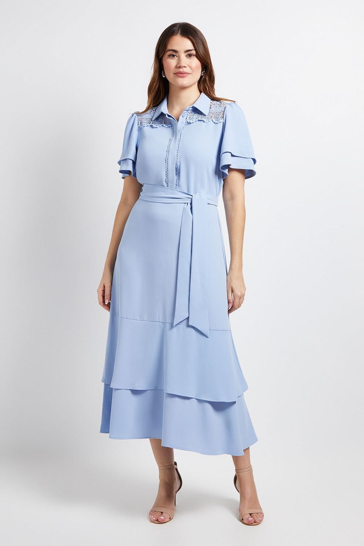 Wallis Wallis Women's Lace Insert Ruffle Sleeve Midi Dress in Blue