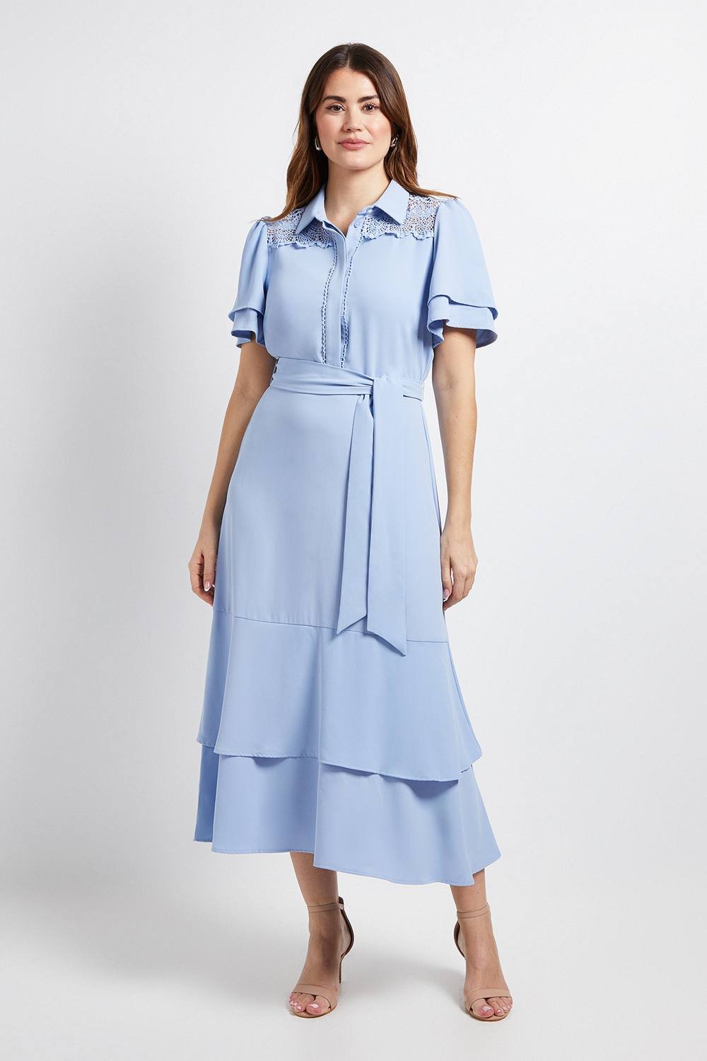 Wallis Wallis Women's Lace Insert Ruffle Sleeve Midi Dress in Blue - 2