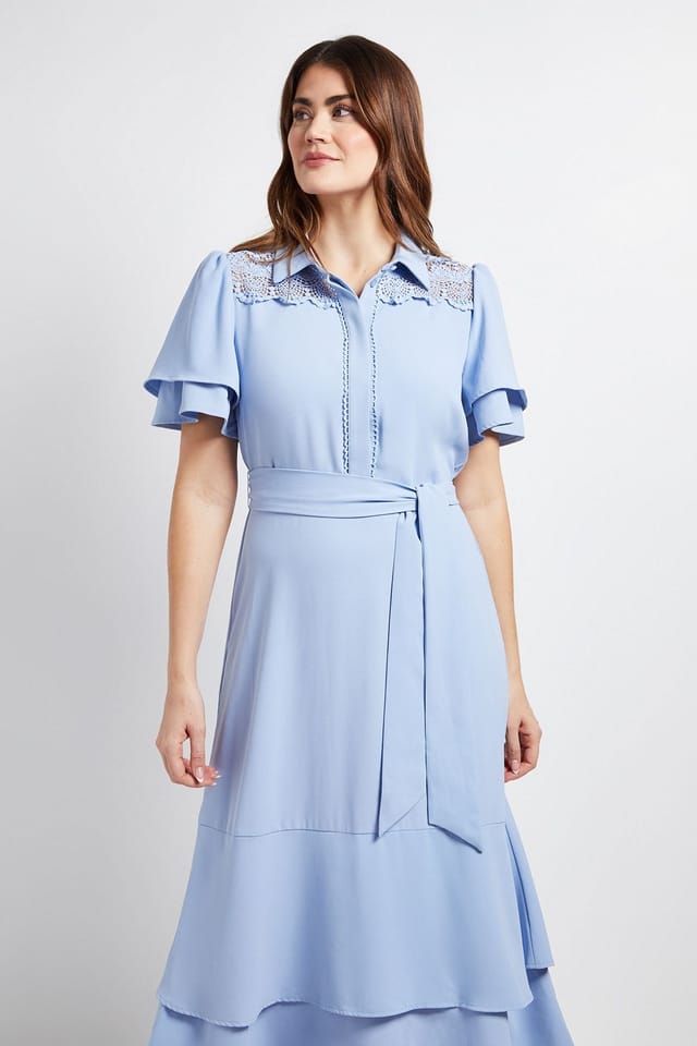 Wallis Wallis Women's Lace Insert Ruffle Sleeve Midi Dress in Blue - 2