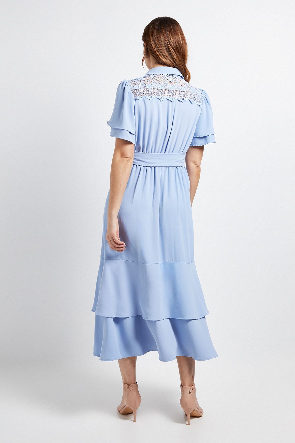 Wallis Wallis Women's Lace Insert Ruffle Sleeve Midi Dress in Blue - 3