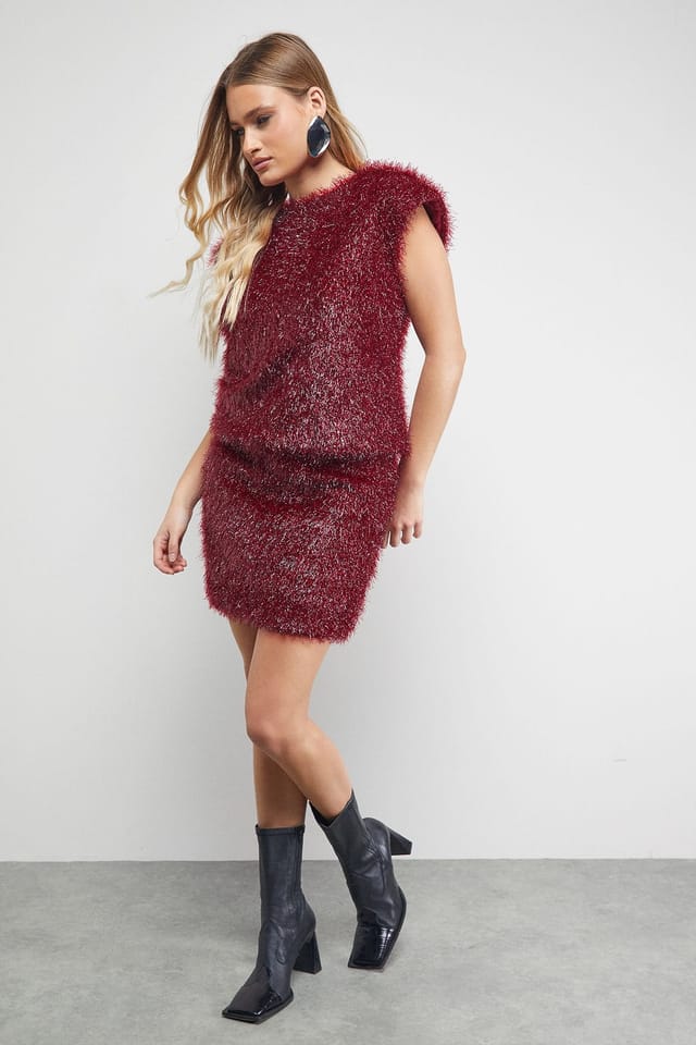 Warehouse Warehouse Women's Tinsel Fluffy Drop Waist Mini Dress in Dark Red - 2
