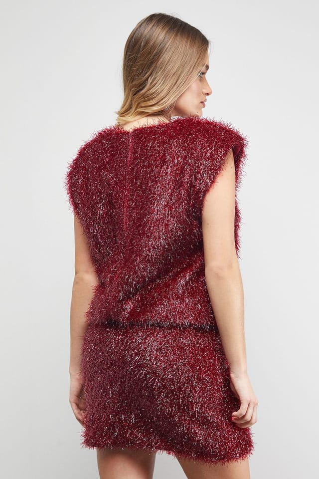 Warehouse Warehouse Women's Tinsel Fluffy Drop Waist Mini Dress in Dark Red - 3
