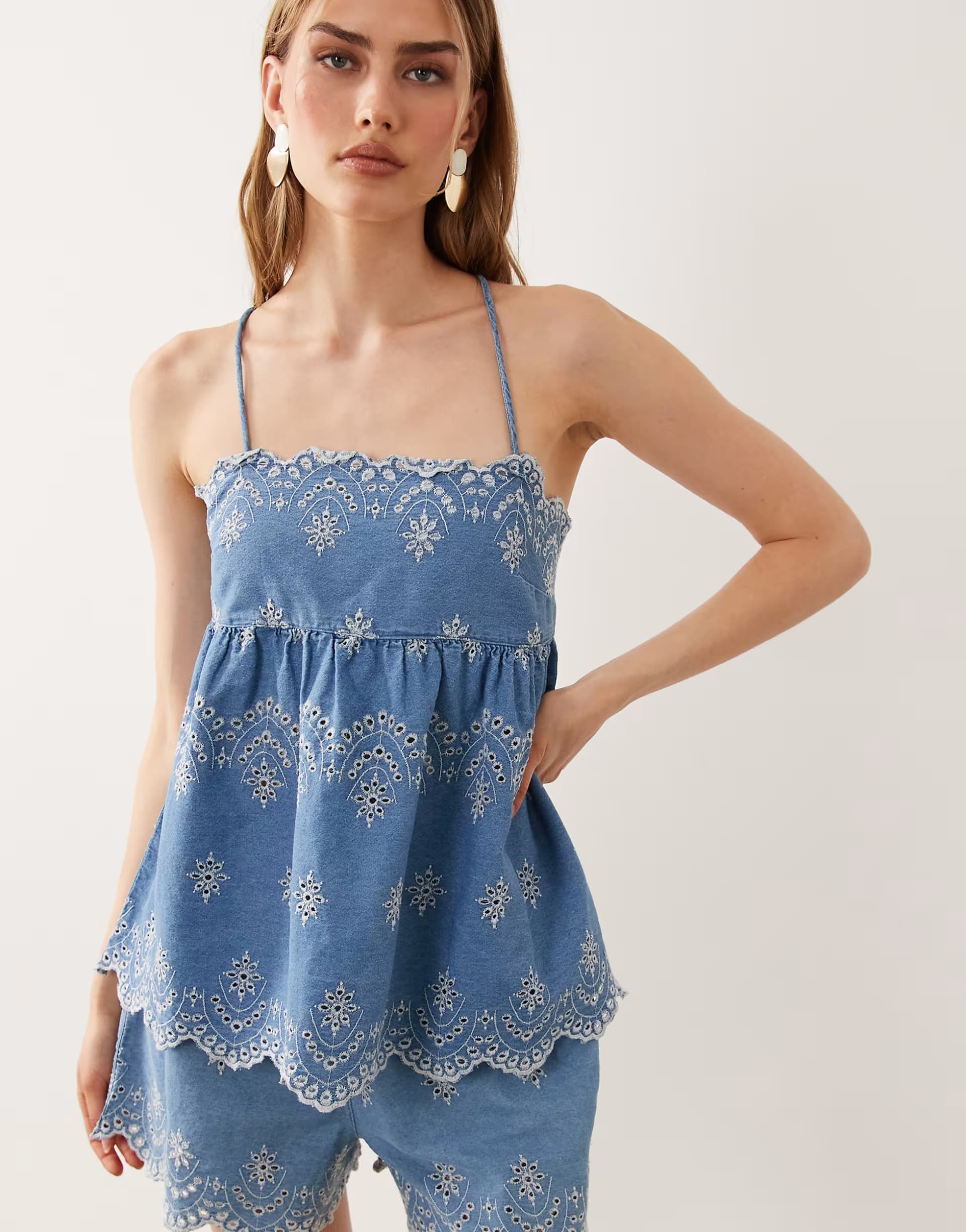 ASOS ASOS DESIGN denim embroidered cami top co-ord in blue