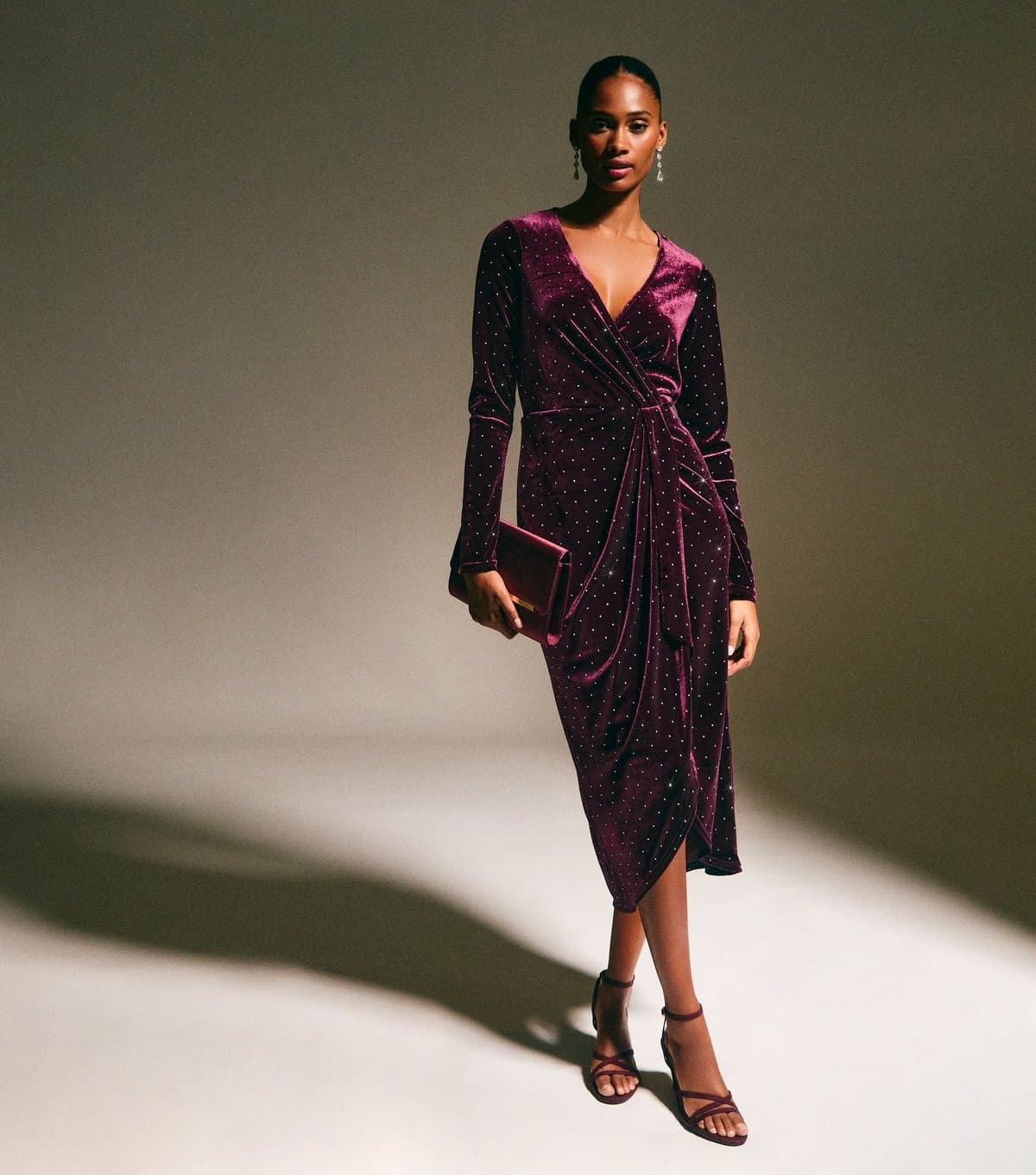 New Look Women's Dark Burgundy Velvet Diamante Embellished Wrap Midi Dress New Look