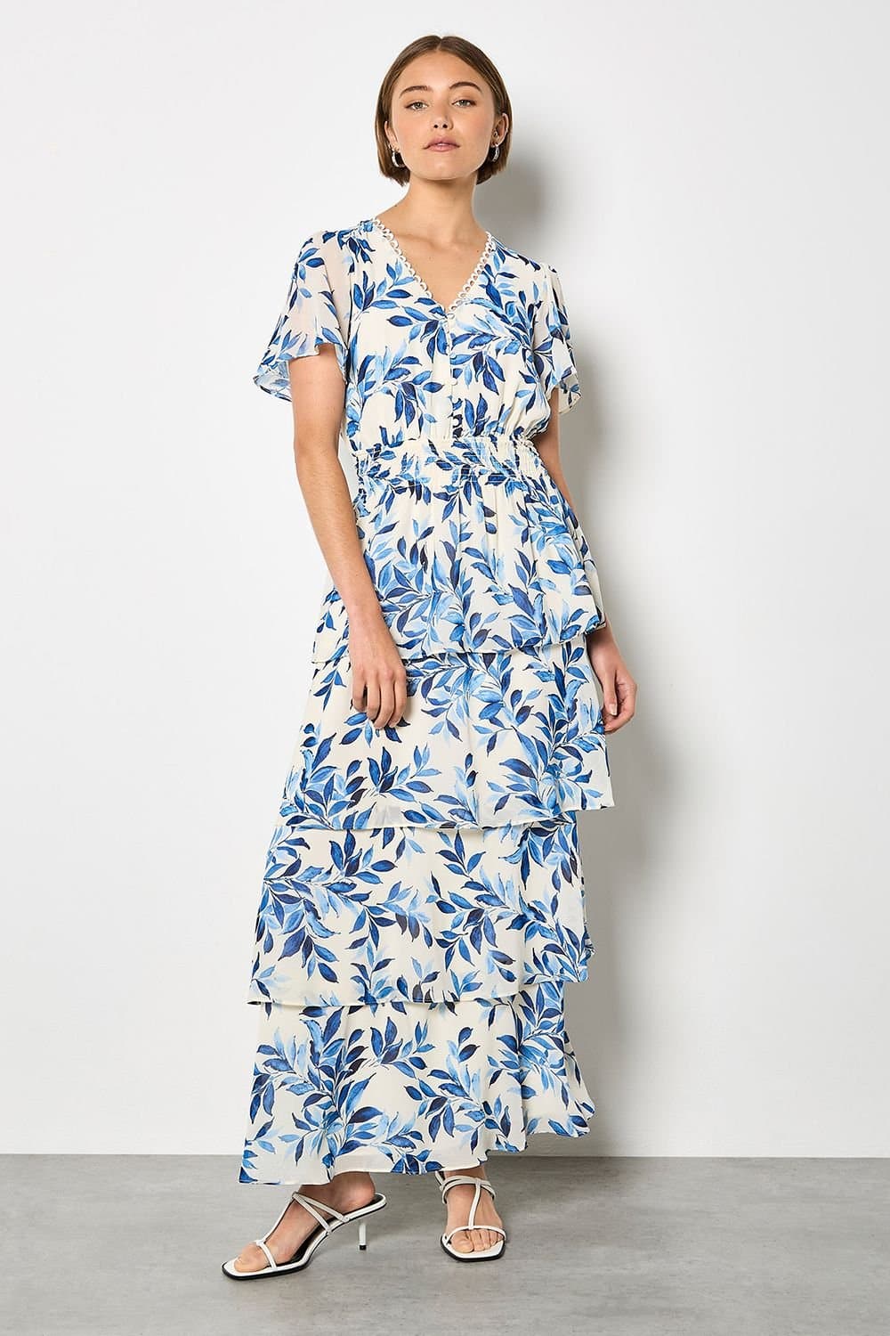 Apricot Apricot Women's Watercolour Leaves Chiffon Tiered Maxi Dress in Blue