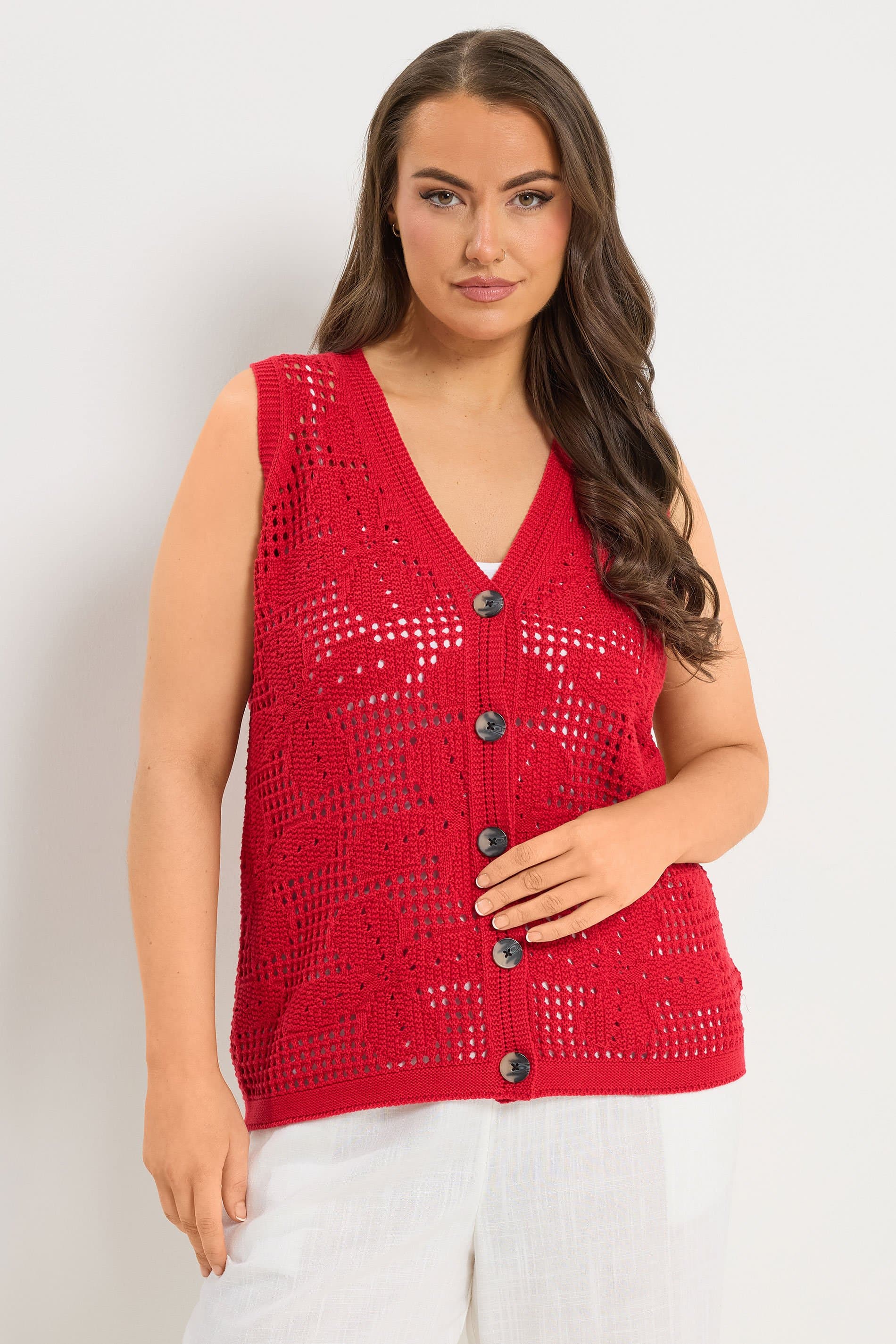 Yours Plus Size Red Crochet Knitted Waistcoat