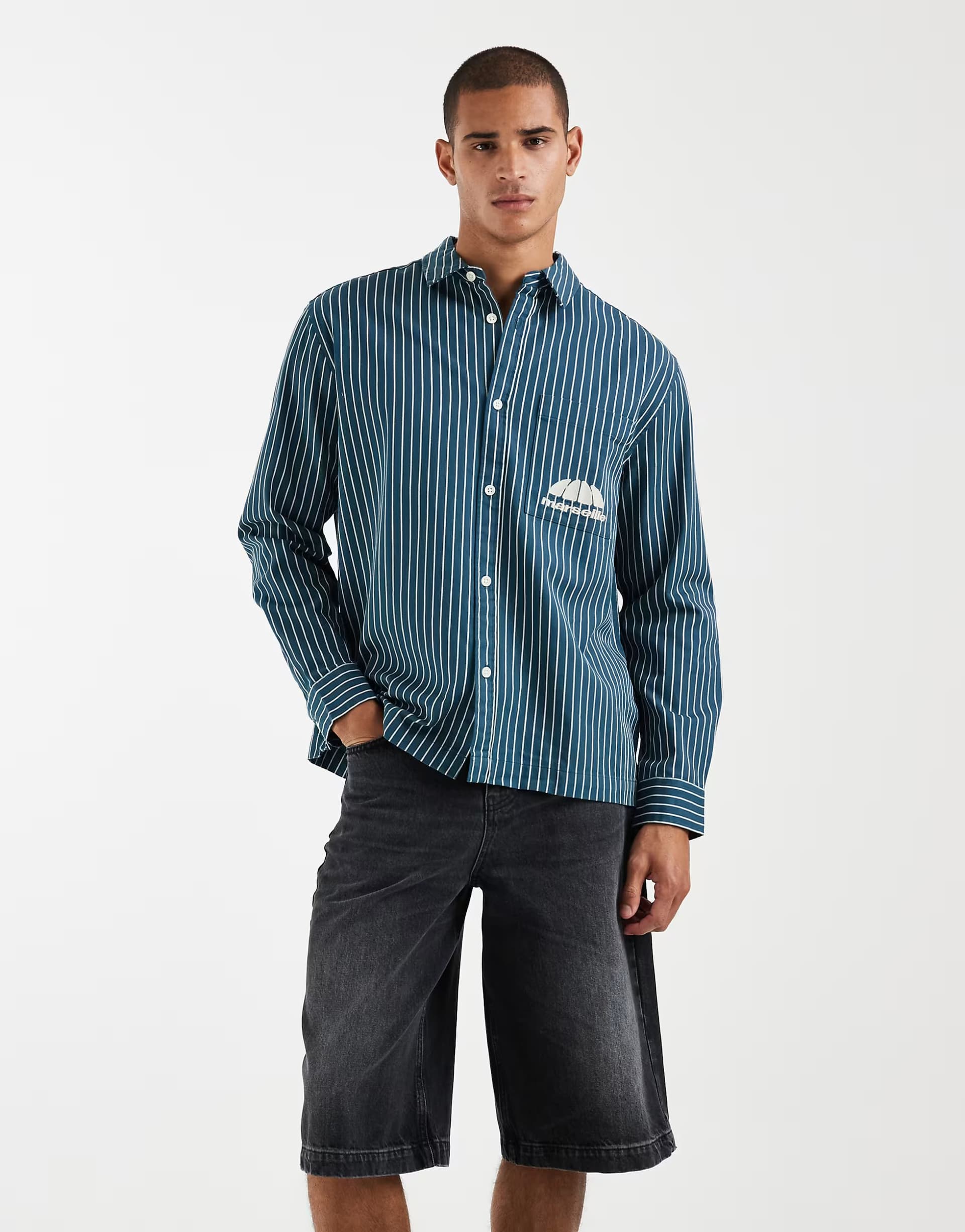 ASOS ASOS DESIGN relaxed twill stripe shirt with chest embroidery in blue