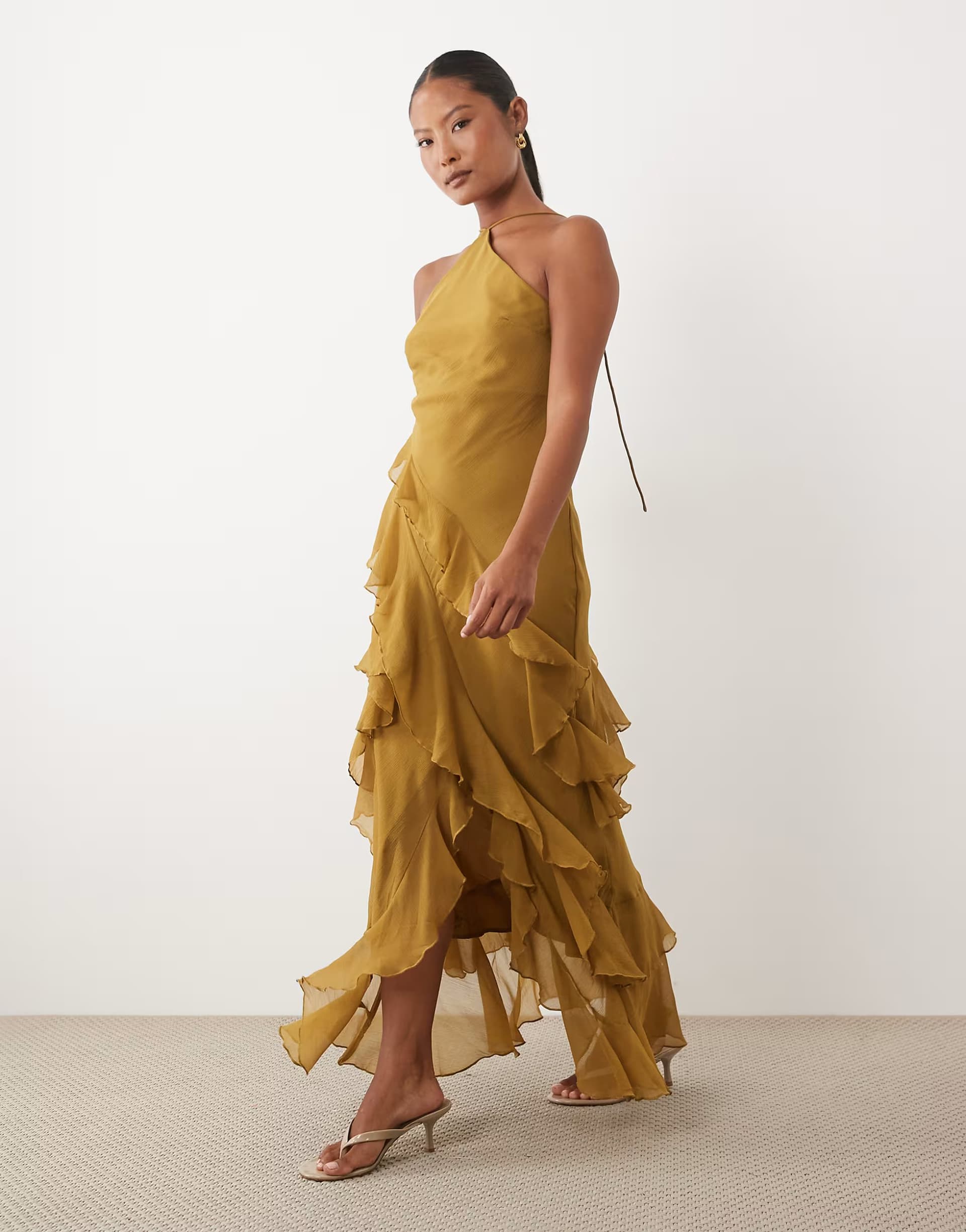 ASOS ASOS DESIGN Petite bias cut maxi dress with full hem cut ruffles and high-low hem in tobacco