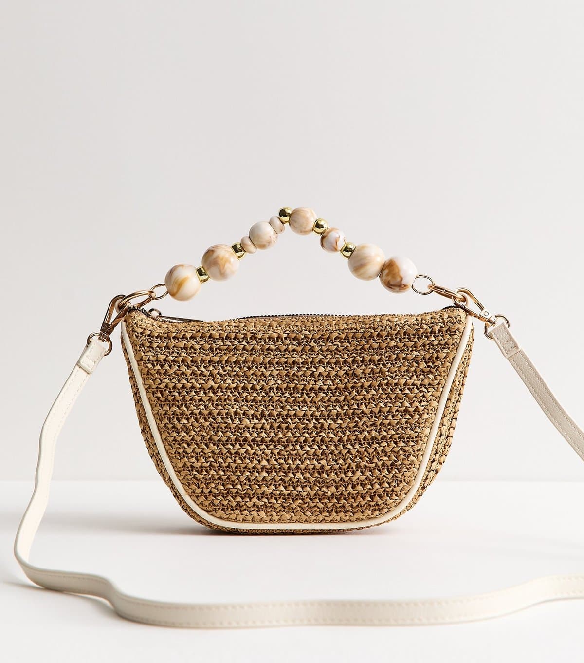 New Look Stone Woven Slouchy Beaded Top Handle Bag New Look
