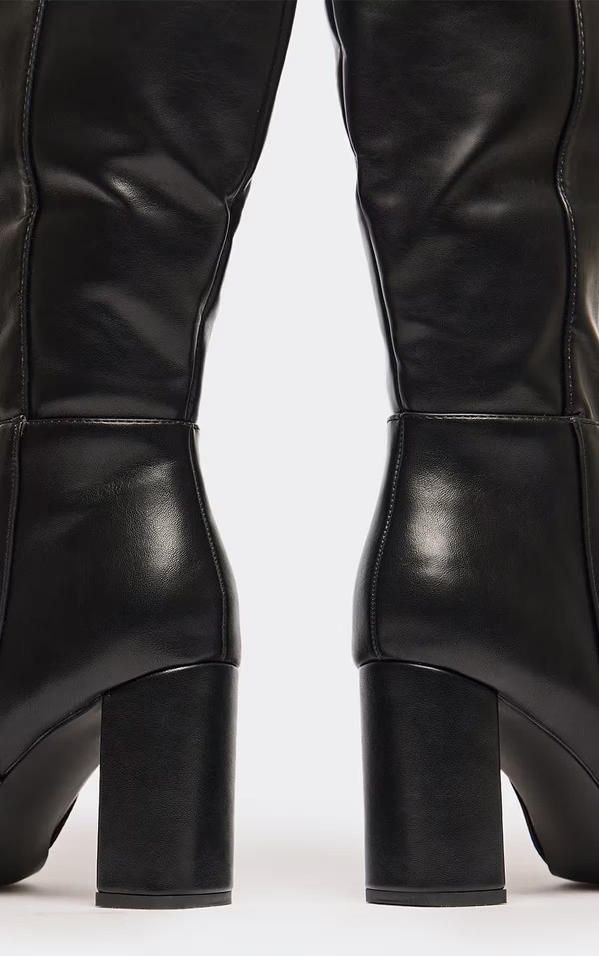 EGO Wide Fit Braylen Block High Heel Knee High Long Boot In Black Faux Leather, Women's Size UK 3
