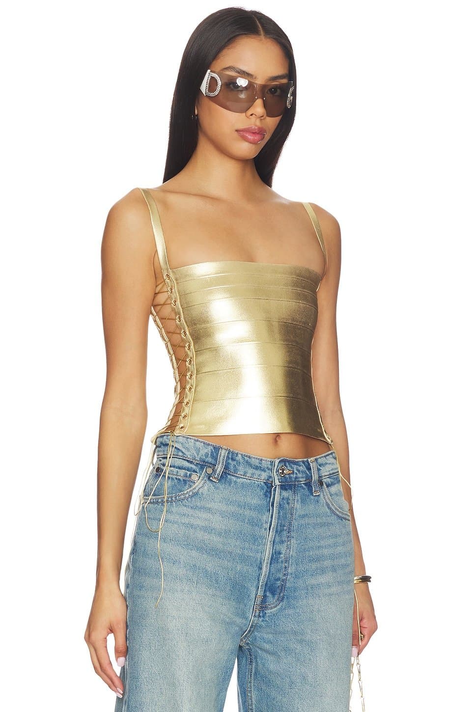 revolve Revolve Gold Metallic Lace-Up Bandage Top