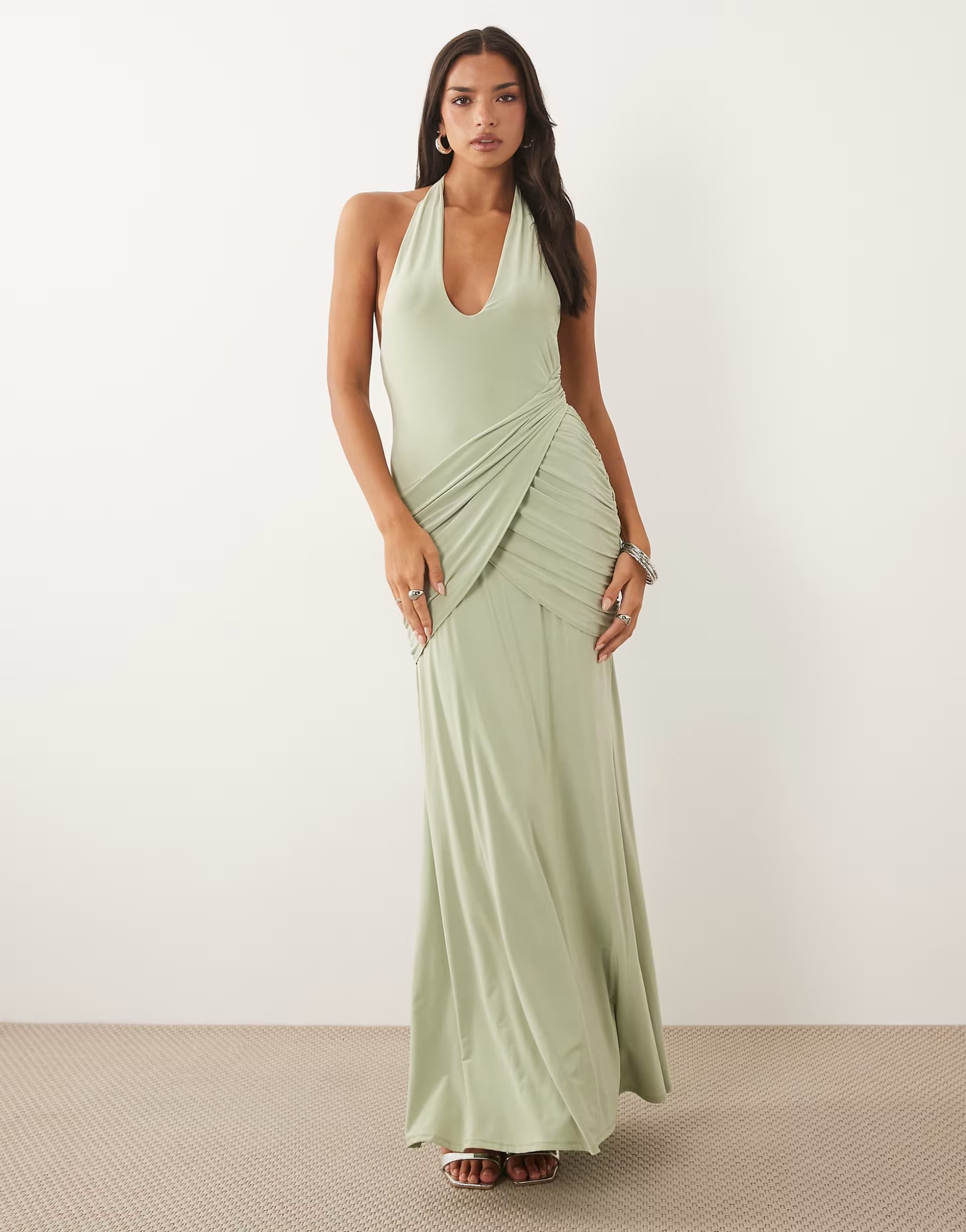 ASOS ASOS DESIGN plunge slinky maxi dress with ruched drape detail in sage green
