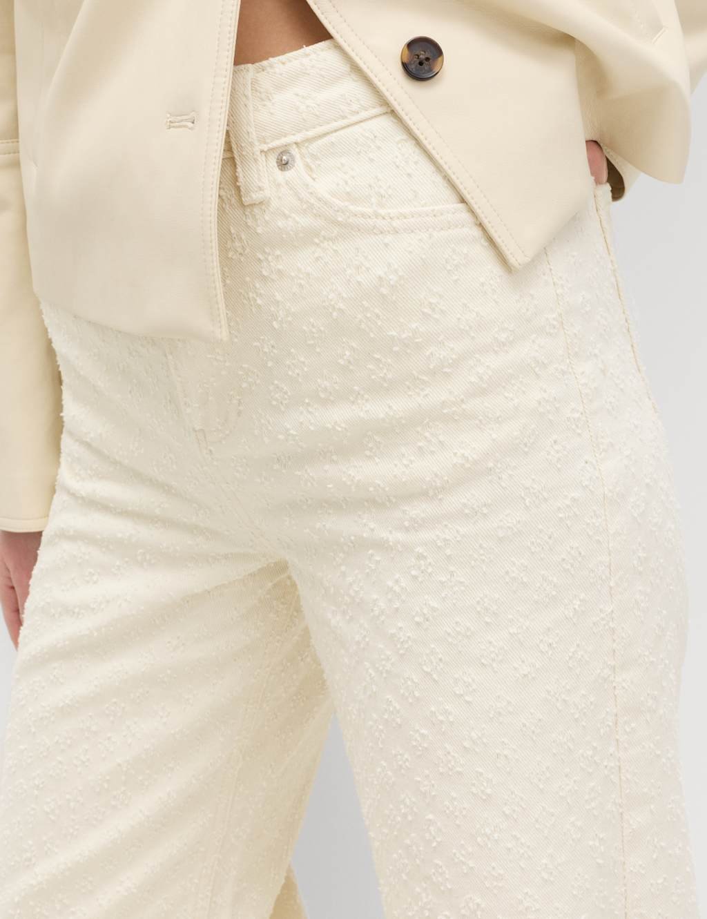 Marks & Spencer M&S Pure Cotton Textured High Waisted Wide Leg Jeans Ecru - 3