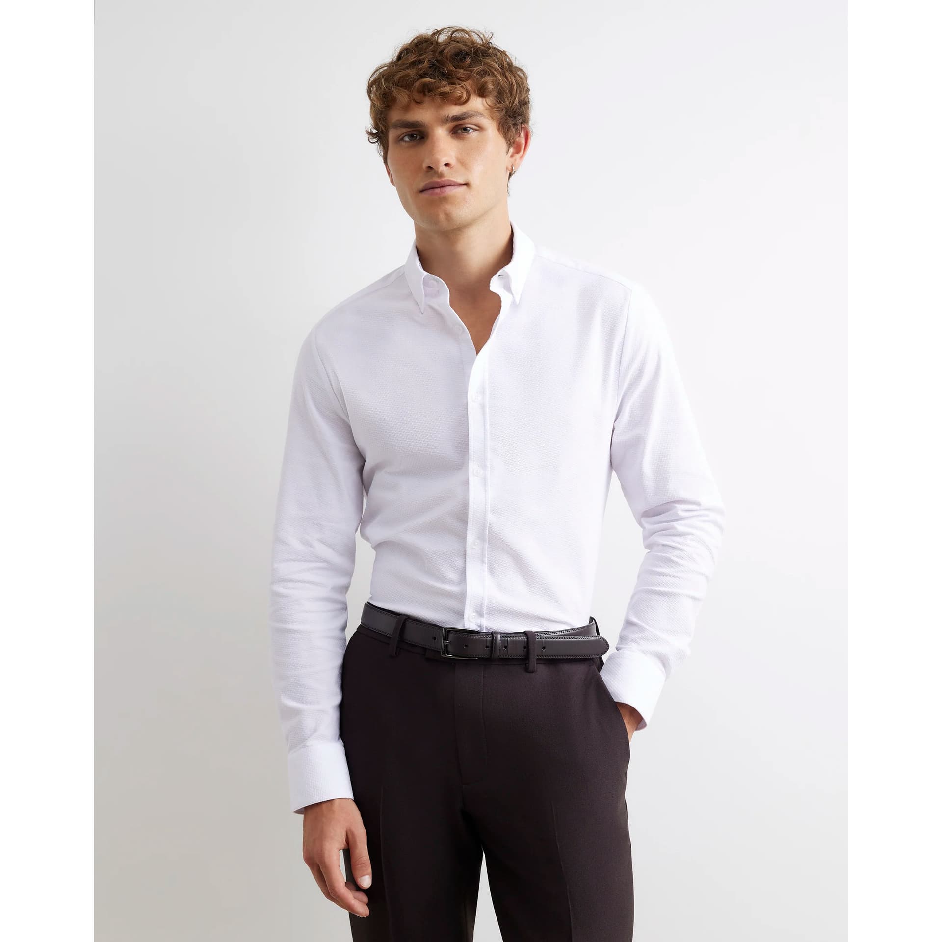 River Island Mens River Island White Muscle Fit Textured Long Sleeve Shirt