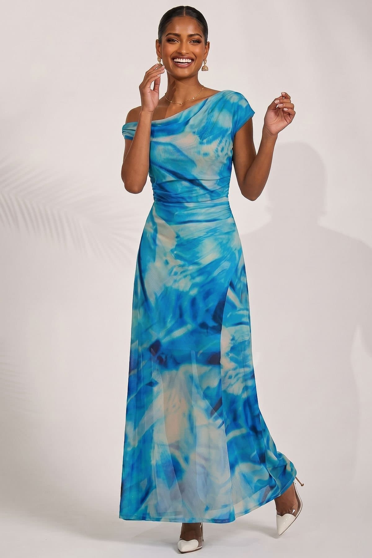 Jolie Moi Jolie Moi Women's Mesh Asymmetrical Off-Shoulder Maxi Dress in Blue