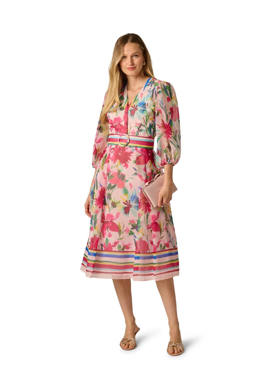 Adrianna Papell Adrianna Papell Women's Printed Stripe Midi Dress in Pale Pink - 2